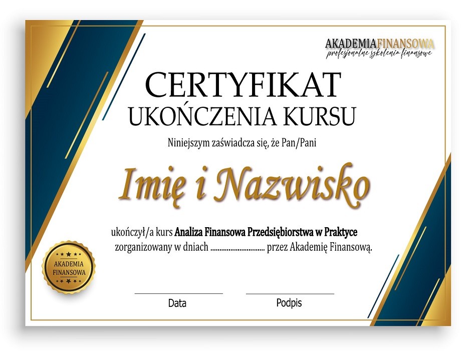 certyfikat szkolenia Analiza Finansowa Przedsiębiorstwa w Praktyce
